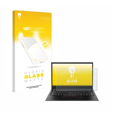 Face avant d’un emballage produit avec le logo de la marque upscreen. À côté, l’appareil Lenovo ThinkPad X1 Carbon (6ème Gen.)