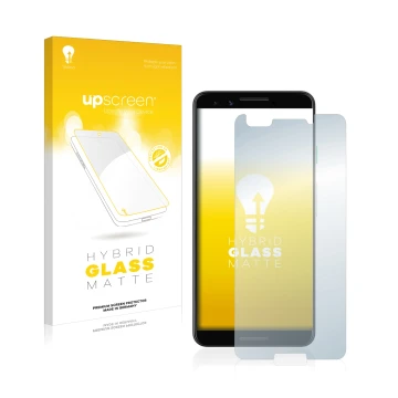 Face avant d’un emballage produit avec le logo de la marque upscreen. À côté, l’appareil Google Pixel 3 est représenté avec la