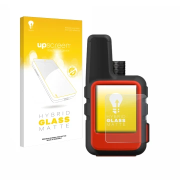 Face avant d’un emballage produit avec le logo de la marque upscreen. À côté, l’appareil Garmin inReach Mini est représenté av