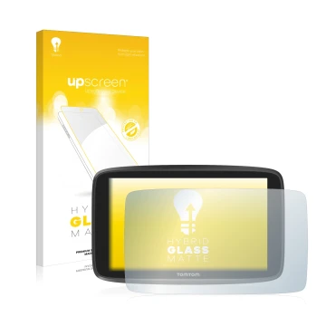 Face avant d’un emballage produit avec le logo de la marque upscreen. À côté, l’appareil TomTom GO Camper est représenté avec 