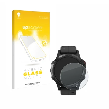 Face avant d’un emballage produit avec le logo de la marque upscreen. À côté, l’appareil Garmin Fenix 5 Plus (47 mm) est repré