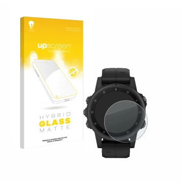 Face avant d’un emballage produit avec le logo de la marque upscreen. À côté, l’appareil Garmin Fenix 5S Plus (42 mm) est repr