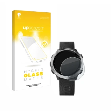 Face avant d’un emballage produit avec le logo de la marque upscreen. À côté, l’appareil Garmin Forerunner 645 Music est repré