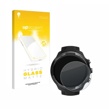 Face avant d’un emballage produit avec le logo de la marque upscreen. À côté, l’appareil Suunto 9 est représenté avec la prote