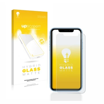Face avant d’un emballage produit avec le logo de la marque upscreen. À côté, l’appareil Apple iPhone XR est représenté avec l