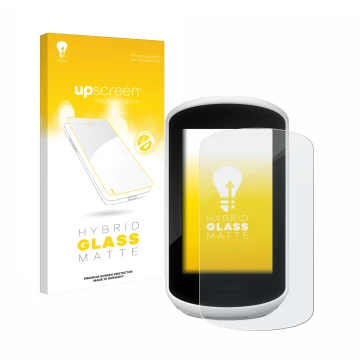 Face avant d’un emballage produit avec le logo de la marque upscreen. À côté, l’appareil Garmin Edge Explore 2018 est représen