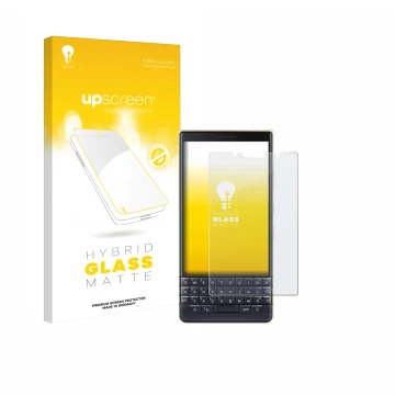 Face avant d’un emballage produit avec le logo de la marque upscreen. À côté, l’appareil BlackBerry Key2 LE est représenté ave