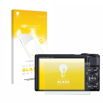 Face avant d’un emballage produit avec le logo de la marque upscreen. À côté, l’appareil Canon PowerShot SX740 HS est représen