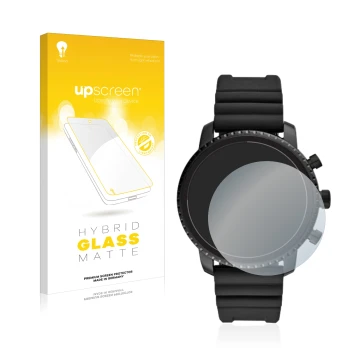Face avant d’un emballage produit avec le logo de la marque upscreen. À côté, l’appareil Fossil Q Explorist HR (4.Gen) est rep
