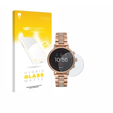 Face avant d’un emballage produit avec le logo de la marque upscreen. À côté, l’appareil Fossil Q Venture HR (4.Gen) est repré
