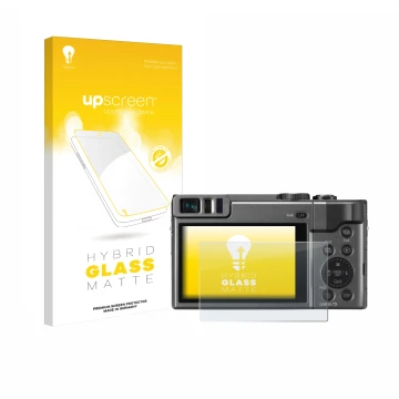 Face avant d’un emballage produit avec le logo de la marque upscreen. À côté, l’appareil Panasonic Lumix DC-TZ90 est représent