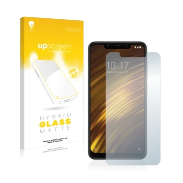 Face avant d’un emballage produit avec le logo de la marque upscreen. À côté, l’appareil Xiaomi Pocophone F1 est représenté av
