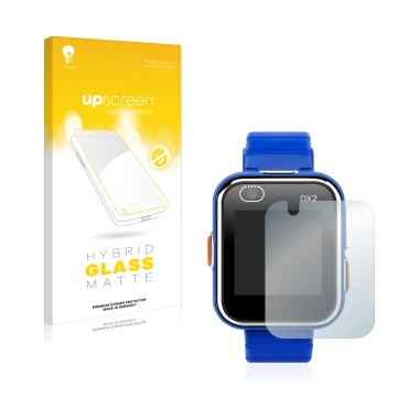 Face avant d’un emballage produit avec le logo de la marque upscreen. À côté, l’appareil Vtech Kidizoom Smart Watch DX2 est re