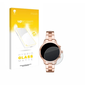 Face avant d’un emballage produit avec le logo de la marque upscreen. À côté, l’appareil Michael Kors Access Runway (41 mm) es