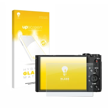 Face avant d’un emballage produit avec le logo de la marque upscreen. À côté, l’appareil Sony Cyber-Shot DSC-HX99 est représen