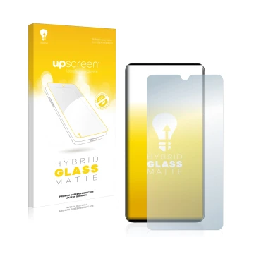 Face avant d’un emballage produit avec le logo de la marque upscreen. À côté, l’appareil Huawei Mate 20 est représenté avec la