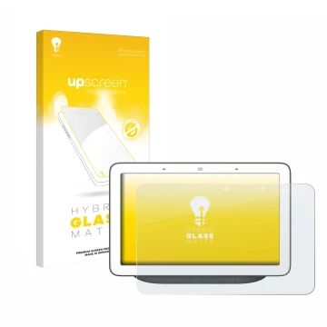 Face avant d’un emballage produit avec le logo de la marque upscreen. À côté, l’appareil Google Home Hub est représenté avec l