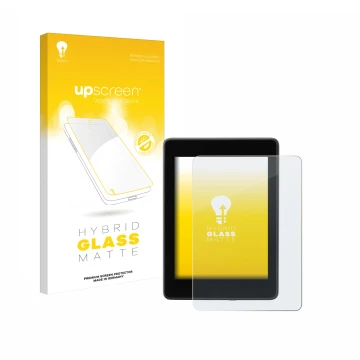 Face avant d’un emballage produit avec le logo de la marque upscreen. À côté, l’appareil Amazon Kindle Paperwhite 2018 (10ème 