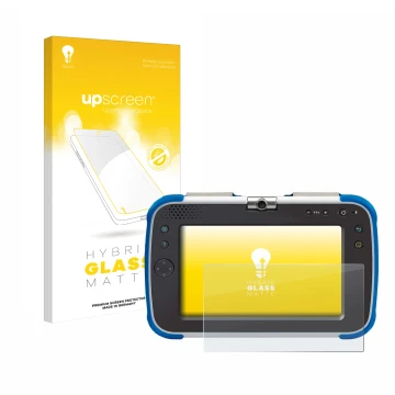 Face avant d’un emballage produit avec le logo de la marque upscreen. À côté, l’appareil Vtech Storio Max XL 2.0 est représent