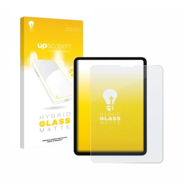 Face avant d’un emballage produit avec le logo de la marque upscreen. À côté, l’appareil Apple iPad Pro 11
