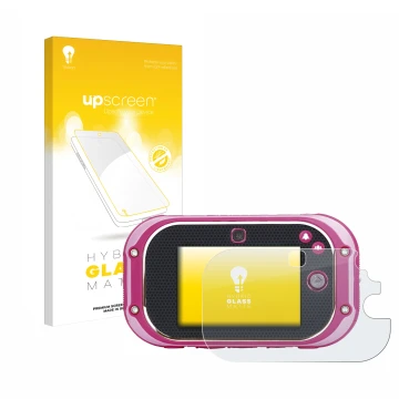 Face avant d’un emballage produit avec le logo de la marque upscreen. À côté, l’appareil Vtech Kidizoom Touch 5.0 2018 est rep