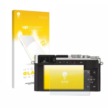 Face avant d’un emballage produit avec le logo de la marque upscreen. À côté, l’appareil Leica D-Lux 7 est représenté avec la 