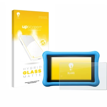 Face avant d’un emballage produit avec le logo de la marque upscreen. À côté, l’appareil Amazon Fire HD 8 Kids Edition 2018 (8