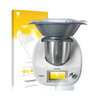 Face avant d’un emballage produit avec le logo de la marque upscreen. À côté, l’appareil Vorwerk Bimby TM5 est représenté avec