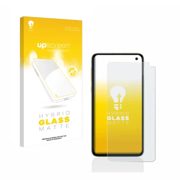 Face avant d’un emballage produit avec le logo de la marque upscreen. À côté, l’appareil Samsung Galaxy S10e est représenté av