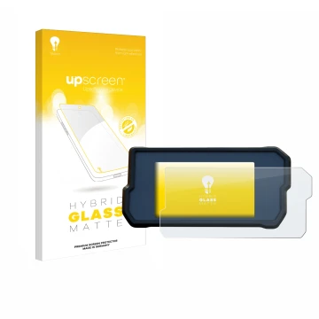 Face avant d’un emballage produit avec le logo de la marque upscreen. À côté, l’appareil KTM 390 Duke 2017 est représenté avec