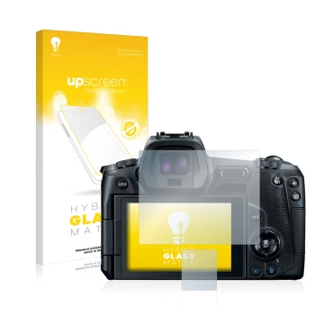 Face avant d’un emballage produit avec le logo de la marque upscreen. À côté, l’appareil Canon EOS R est représenté avec la pr