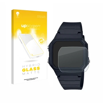 Face avant d’un emballage produit avec le logo de la marque upscreen. À côté, l’appareil Casio Unisex F-91W est représenté ave