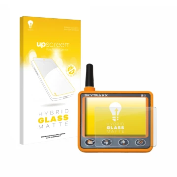 Face avant d’un emballage produit avec le logo de la marque upscreen. À côté, l’appareil Skytraxx 2.1 Vario est représenté ave