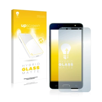 Face avant d’un emballage produit avec le logo de la marque upscreen. À côté, l’appareil Samsung Galaxy J5 2016 est représenté