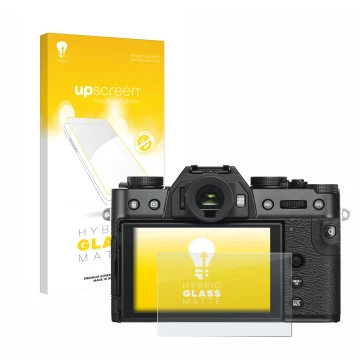 Face avant d’un emballage produit avec le logo de la marque upscreen. À côté, l’appareil Fujifilm X-T30 est représenté avec la