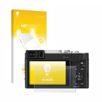 Face avant d’un emballage produit avec le logo de la marque upscreen. À côté, l’appareil Panasonic Lumix DC-TZ96 est représent
