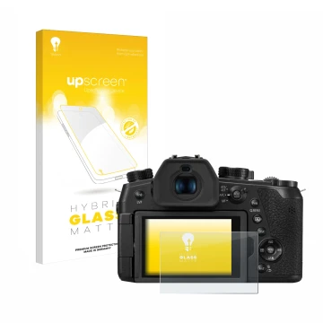 Face avant d’un emballage produit avec le logo de la marque upscreen. À côté, l’appareil Panasonic Lumix DC-FZ1000 II est repr