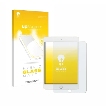 Face avant d’un emballage produit avec le logo de la marque upscreen. À côté, l’appareil Apple iPad Mini 5 2019 (5ème Gen.) es