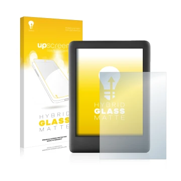 Face avant d’un emballage produit avec le logo de la marque upscreen. À côté, l’appareil Amazon Kindle 2019 (10ème Gen.) est r