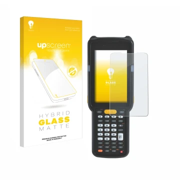 Face avant d’un emballage produit avec le logo de la marque upscreen. À côté, l’appareil Zebra MC330 est représenté avec la pr