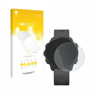 Face avant d’un emballage produit avec le logo de la marque upscreen. À côté, l’appareil Garmin Forerunner 245 Music est repré