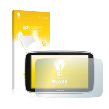 Face avant d’un emballage produit avec le logo de la marque upscreen. À côté, l’appareil TomTom GO Premium X est représenté av