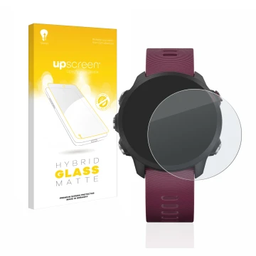 Face avant d’un emballage produit avec le logo de la marque upscreen. À côté, l’appareil Garmin Forerunner 245 est représenté 