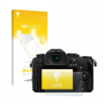 Face avant d’un emballage produit avec le logo de la marque upscreen. À côté, l’appareil Panasonic Lumix DC-G91 est représenté