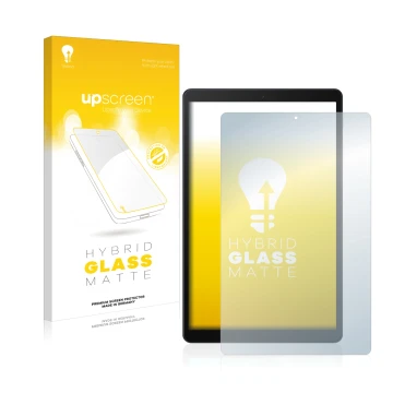 Face avant d’un emballage produit avec le logo de la marque upscreen. À côté, l’appareil Samsung Galaxy Tab A 10.1 2019 est re
