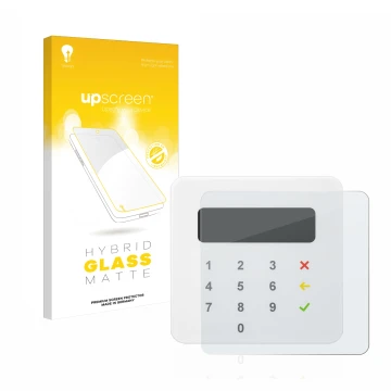 Face avant d’un emballage produit avec le logo de la marque upscreen. À côté, l’appareil SumUp Air est représenté avec la prot