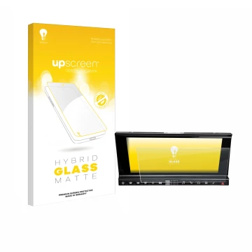 Face avant d’un emballage produit avec le logo de la marque upscreen. À côté, l’appareil DS 7 Crossback Infotainmentsystem est