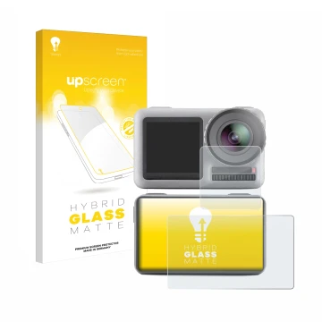 Face avant d’un emballage produit avec le logo de la marque upscreen. À côté, l’appareil DJI Osmo Action est représenté avec l