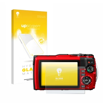 Face avant d’un emballage produit avec le logo de la marque upscreen. À côté, l’appareil Olympus Tough TG-6 est représenté ave