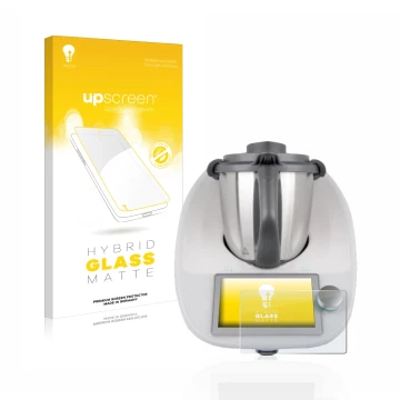 Face avant d’un emballage produit avec le logo de la marque upscreen. À côté, l’appareil Vorwerk Bimby TM6 est représenté avec